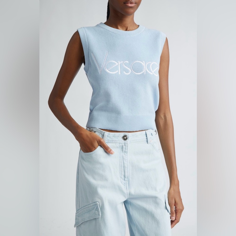 Versace Logo Cotton Blend Sleeveless Sweater (4US/ 40IT; LIGHT SAND)